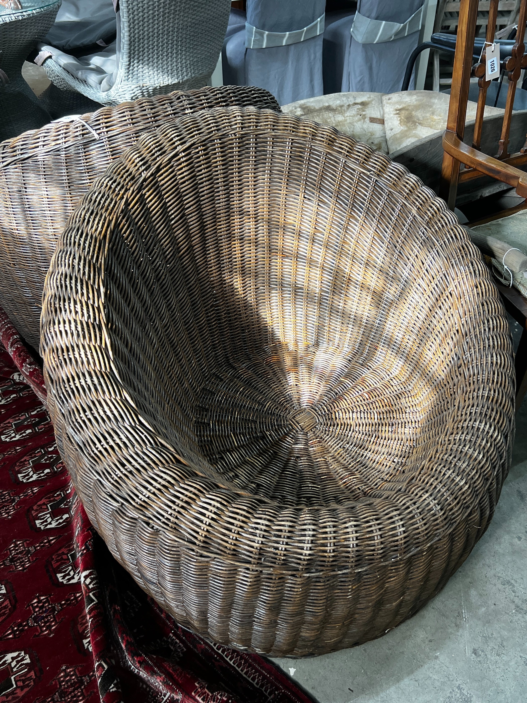 A pair of contemporary rattan tub framed garden chairs, height 78cm